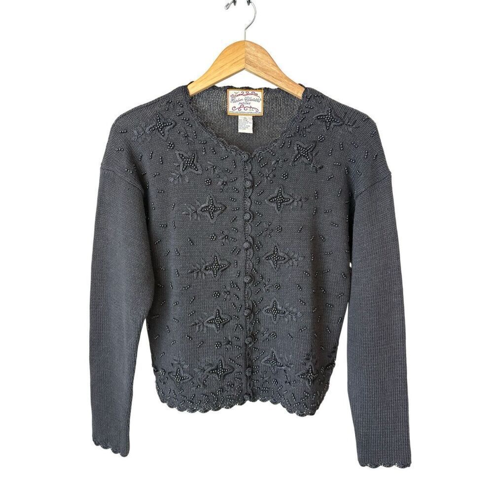 Vintage Heirloom Collectibles black beaded cardigan sweater Size M